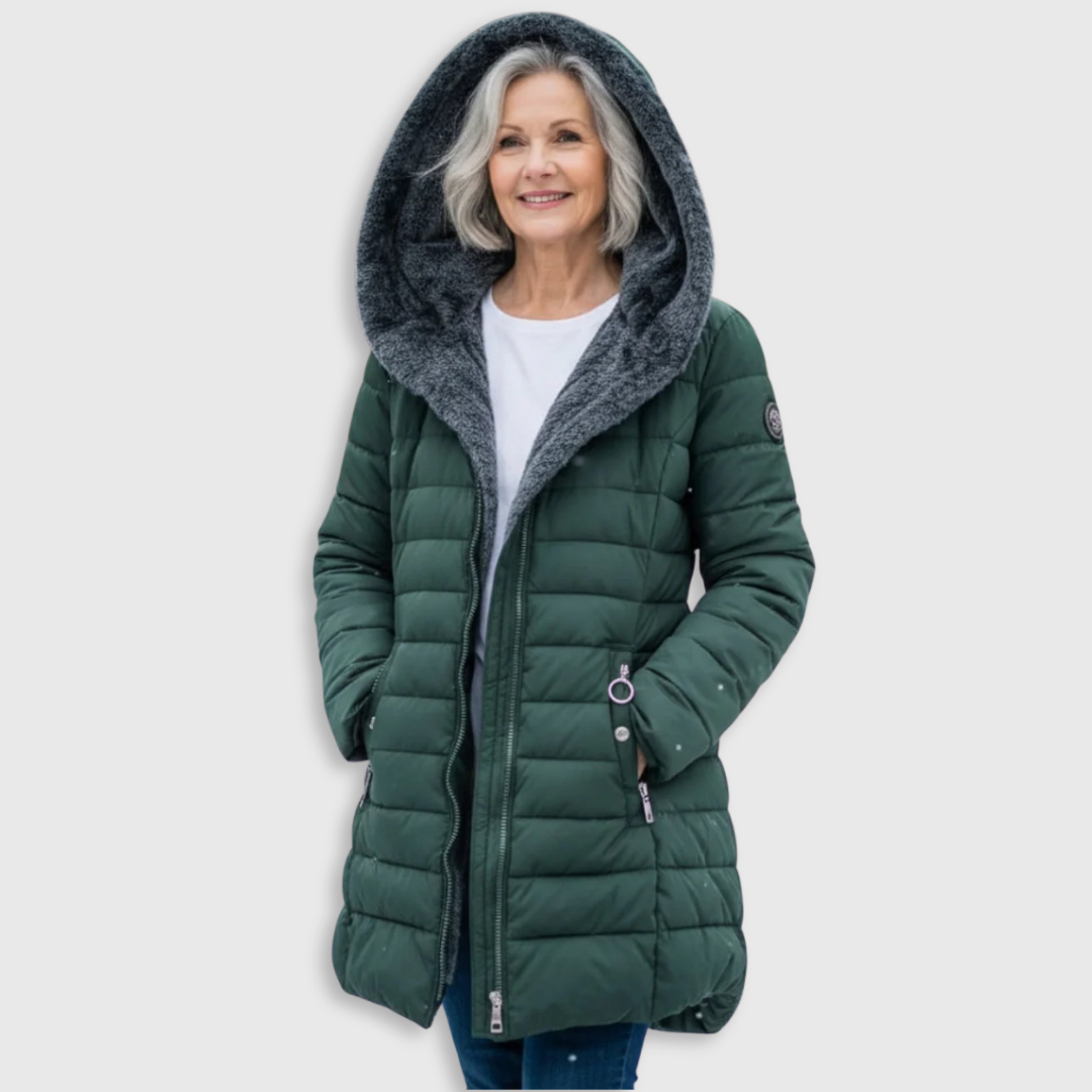 Long Quilted Fitted Down Jacket with Faux Fur Hood