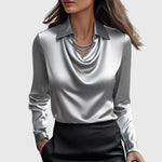 Classic Collar Satin Blouse with Draped Neckline for Women | Ideal for the Office