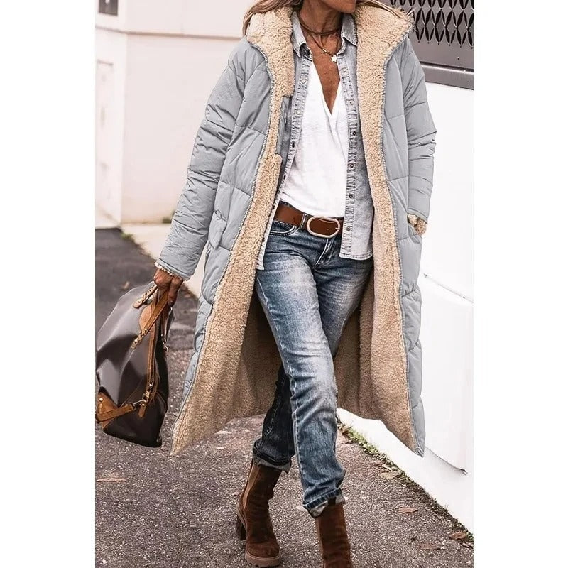 Long Hooded Down Jacket with Sherpa Lining for Women