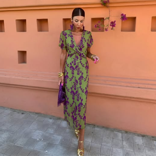 Printed Long Short-Sleeve Dress for Women