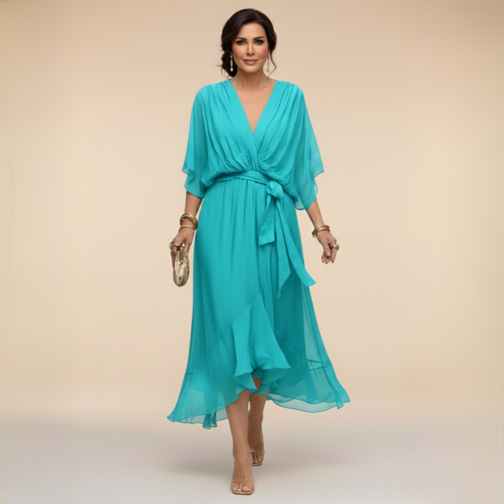 Long Chiffon Dress with Batwing Sleeves for Women