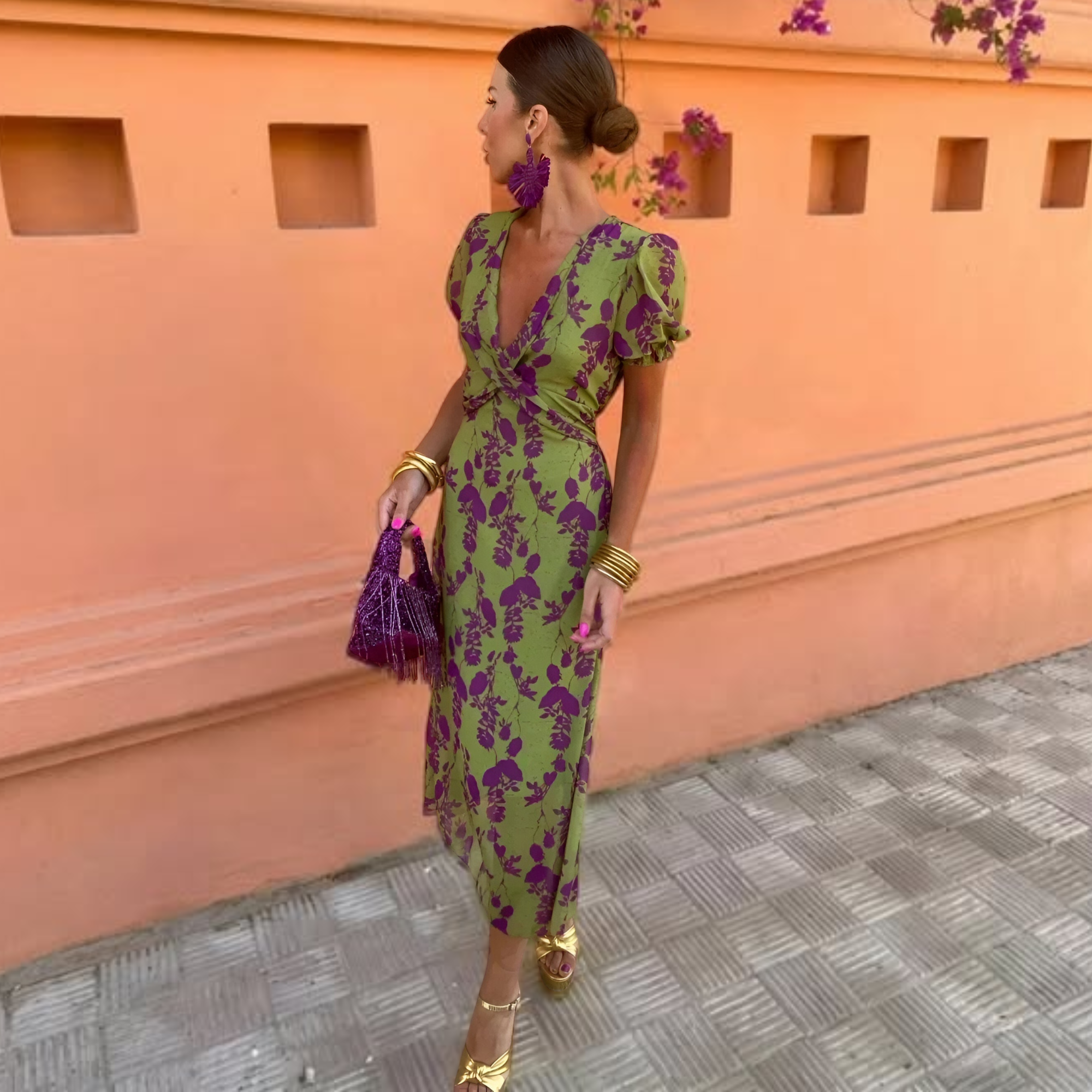 Printed Long Short-Sleeve Dress for Women