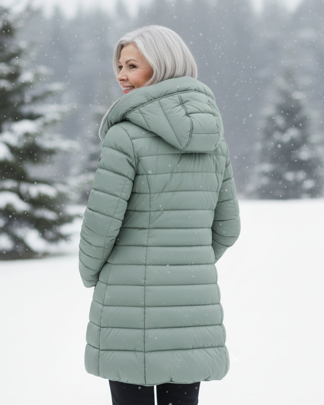 Long Quilted Fitted Down Jacket with Faux Fur Hood