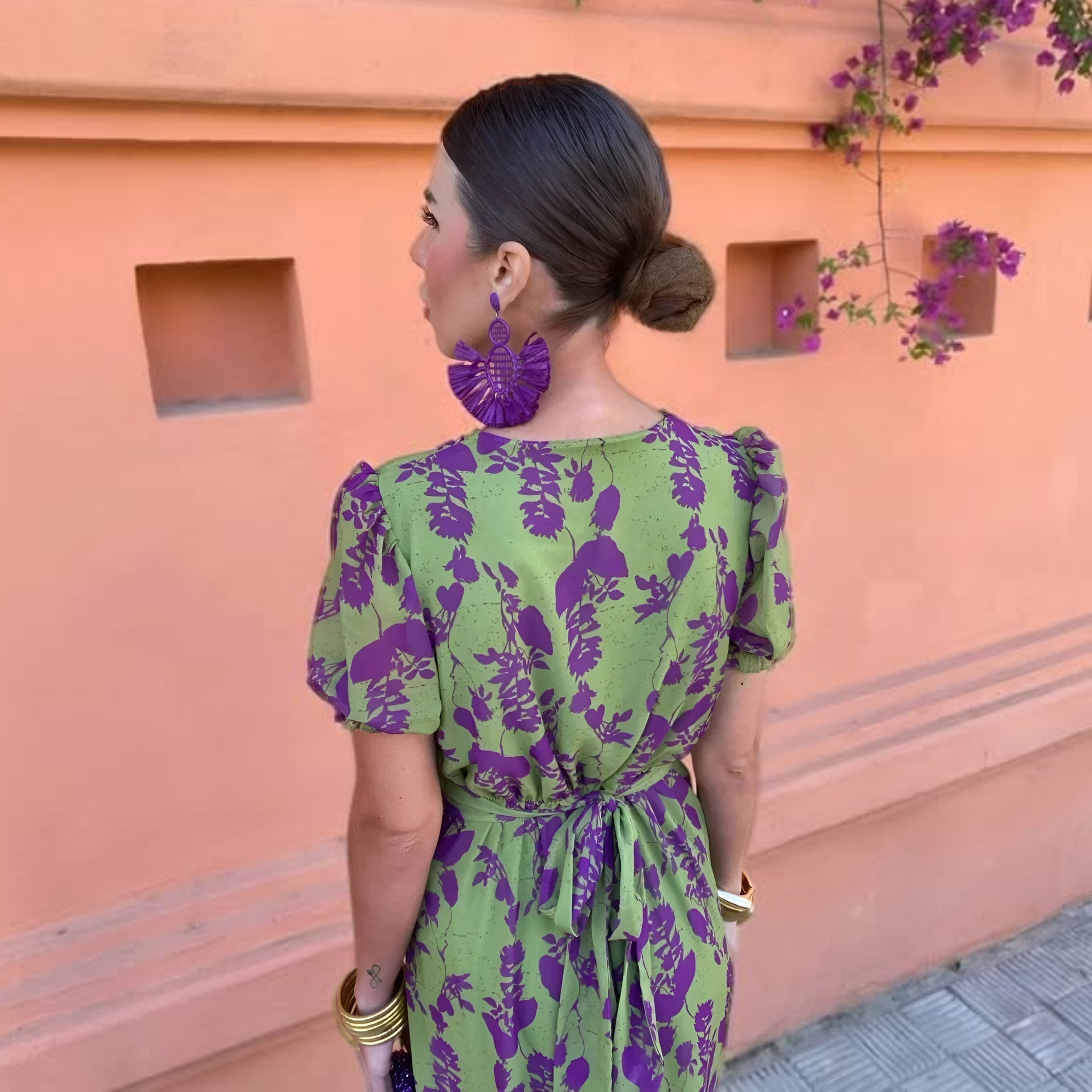 Printed Long Short-Sleeve Dress for Women