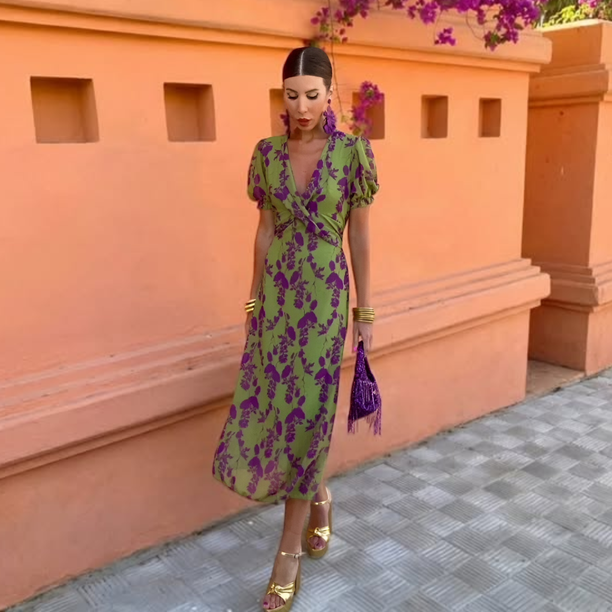 Printed Long Short-Sleeve Dress for Women