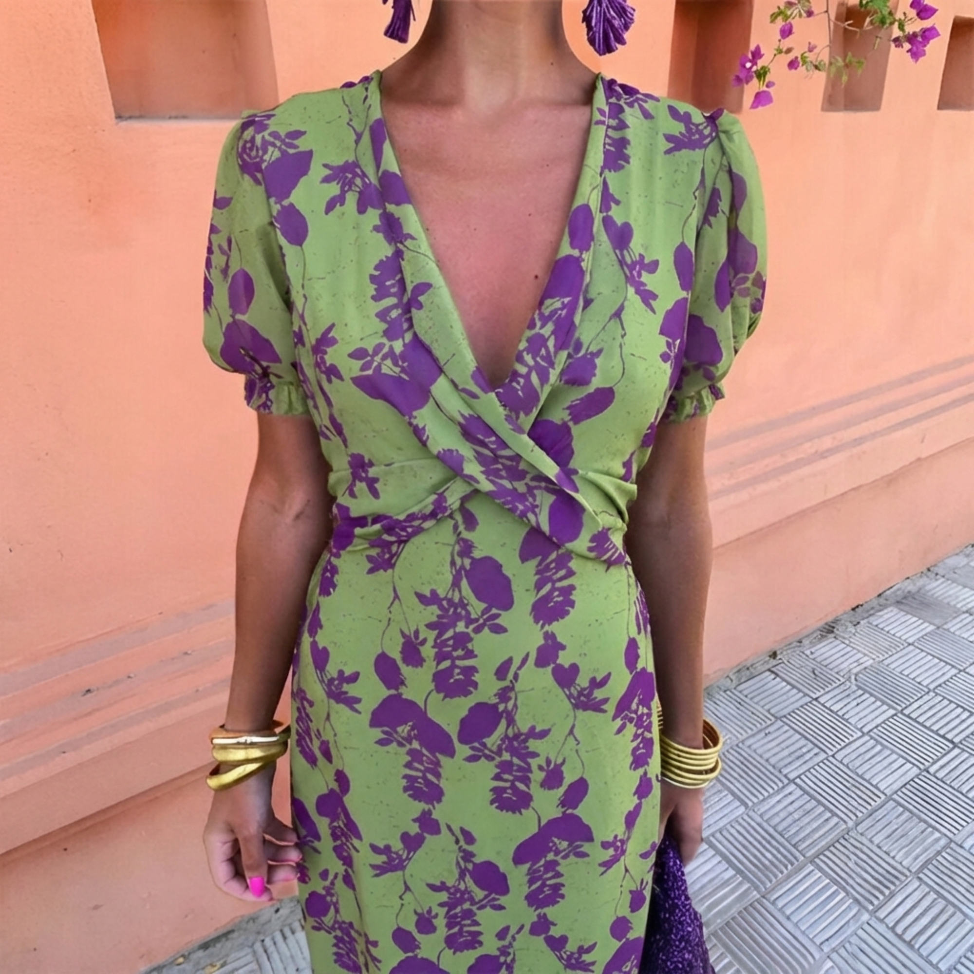 Printed Long Short-Sleeve Dress for Women