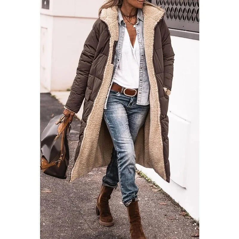 Long Hooded Down Jacket with Sherpa Lining for Women
