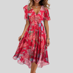 Flared Midi Dress with V-Neck for Women