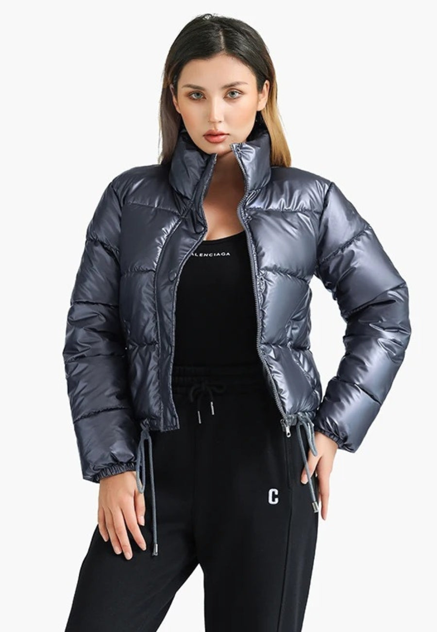 Short Fitted Shiny Puffer Jacket with Stand-Up Collar for Women