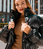 Short Faux Leather Puffer Jacket with Loose Fit and Stand-Up Collar for Women