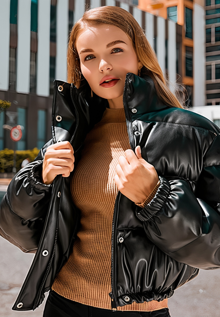 Short Faux Leather Puffer Jacket with Loose Fit and Stand-Up Collar for Women
