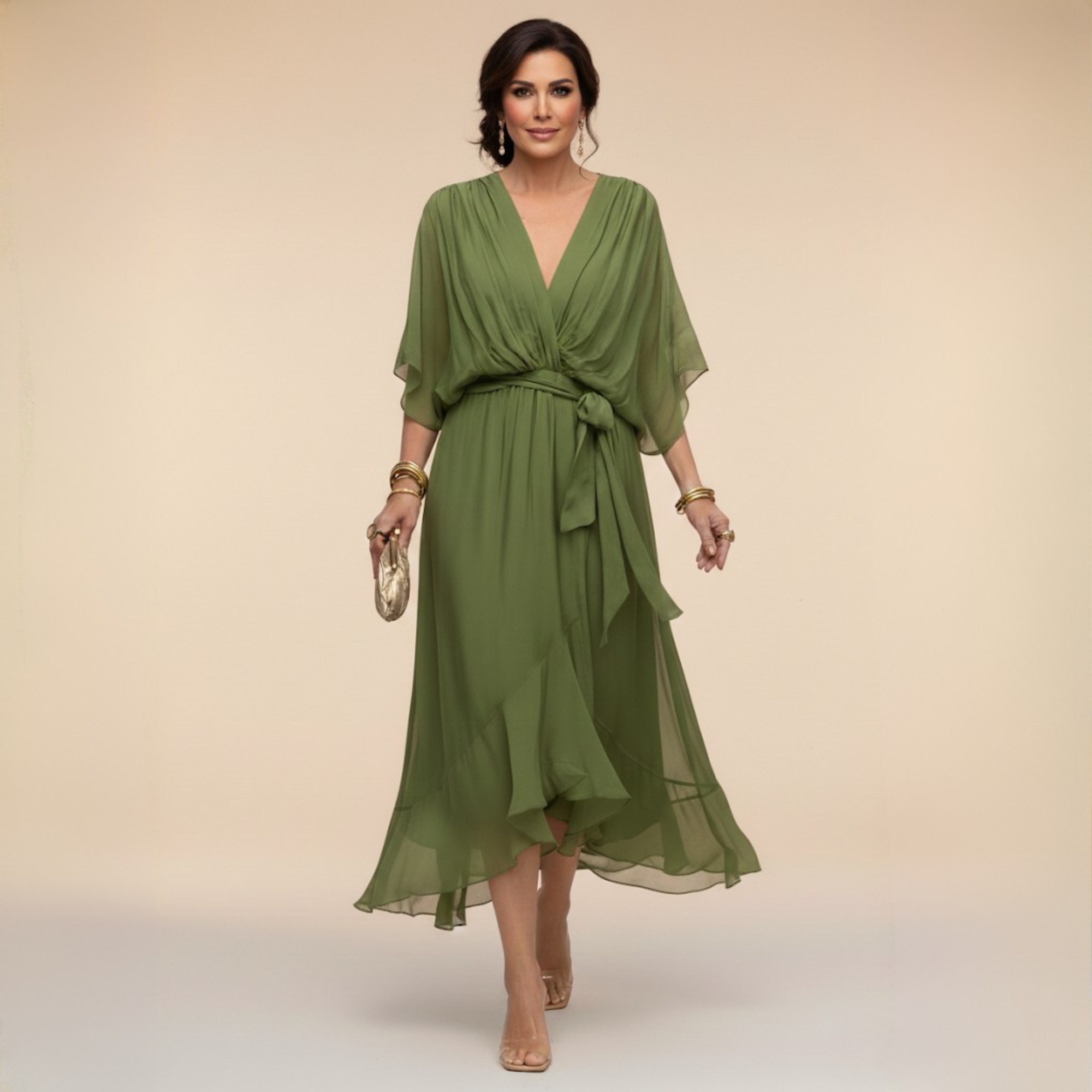 Long Chiffon Dress with Batwing Sleeves for Women