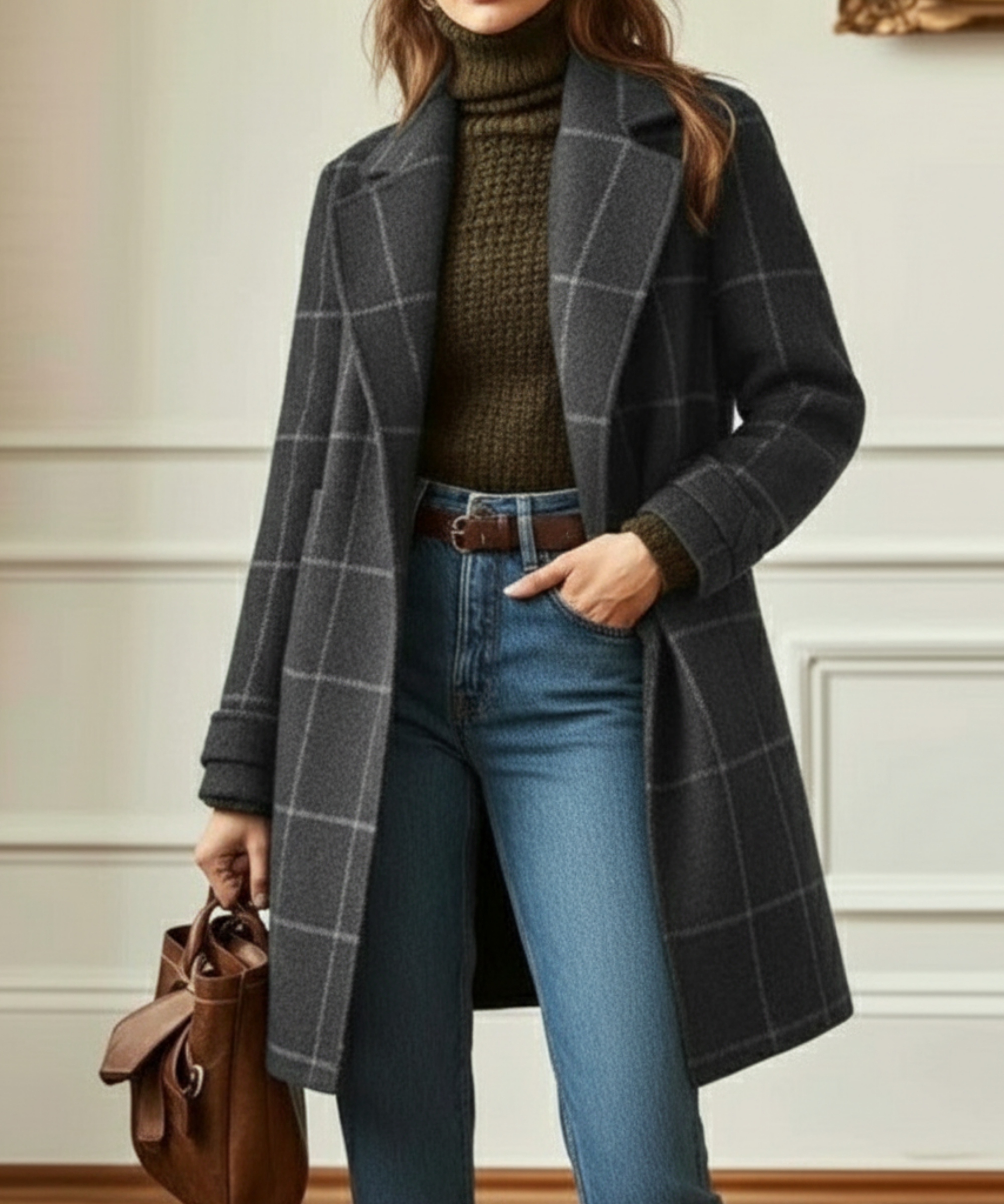 Plaid Wool-Effect Fabric Coat for Women