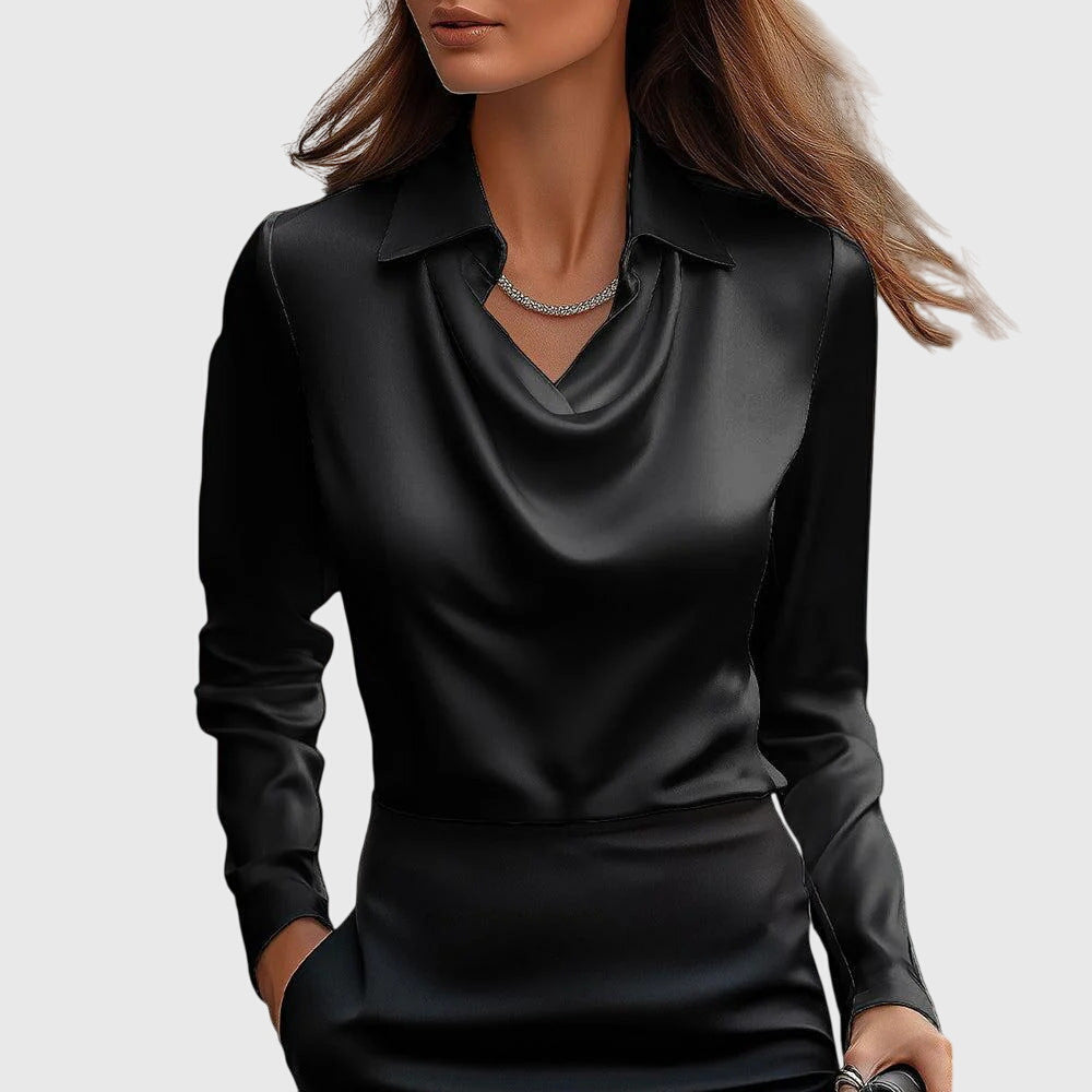 Classic Collar Satin Blouse with Draped Neckline for Women | Ideal for the Office