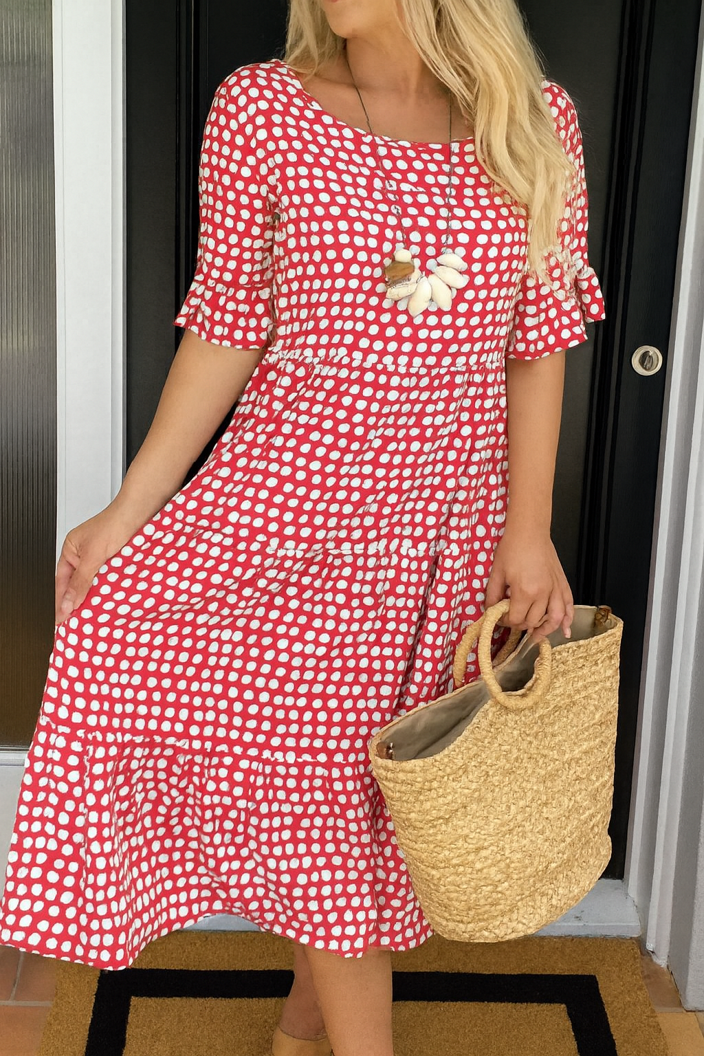 Short Sleeve Midi Dress with Round Neck for Women