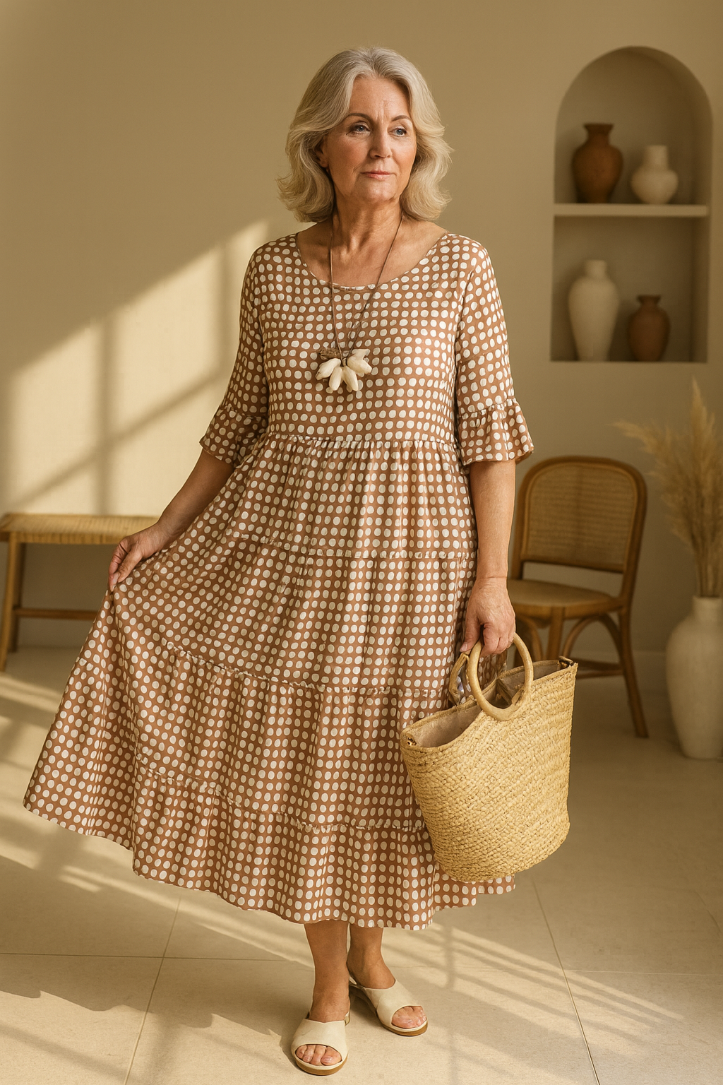 Short Sleeve Midi Dress with Round Neck for Women