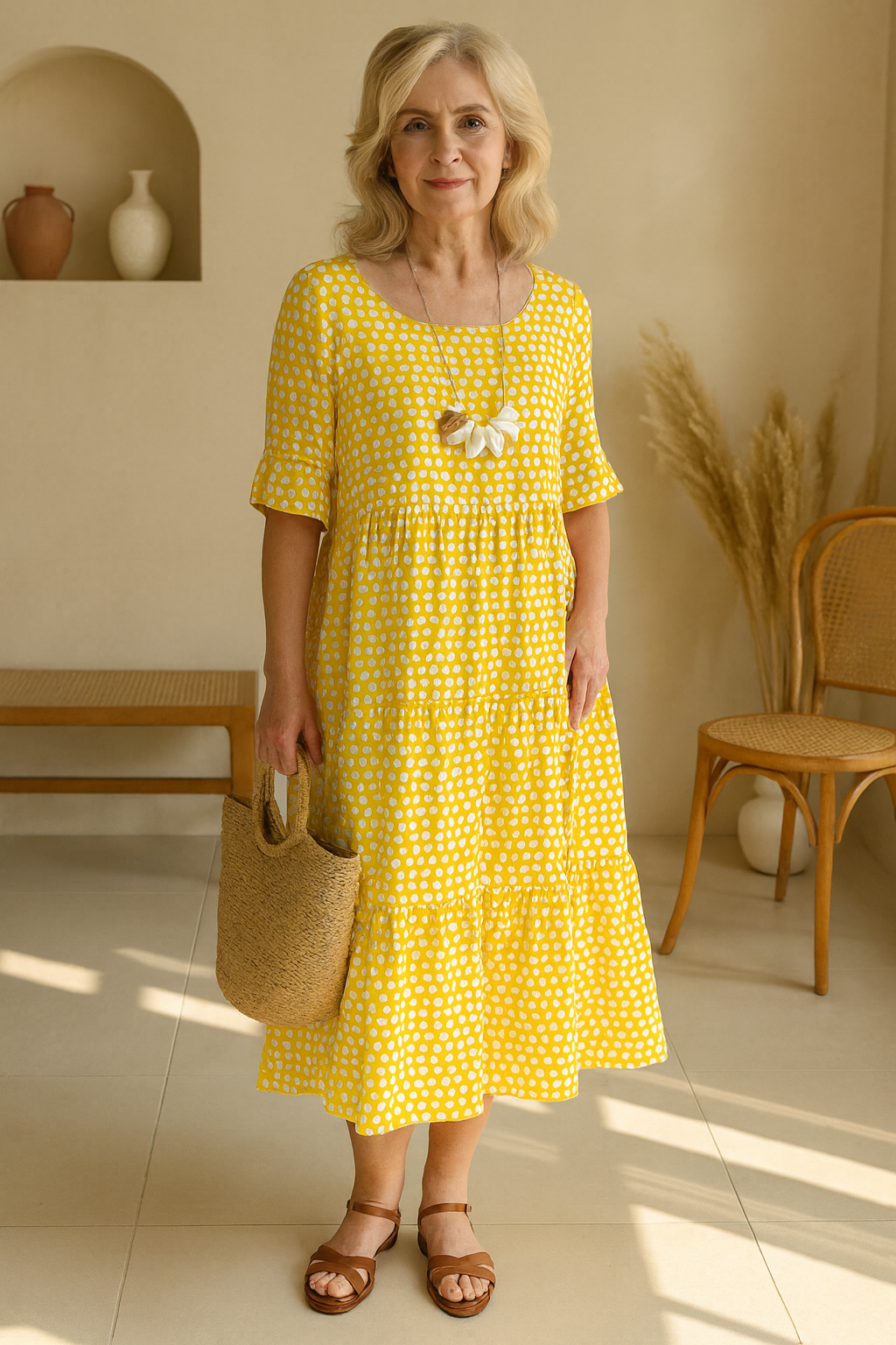 Short Sleeve Midi Dress with Round Neck for Women