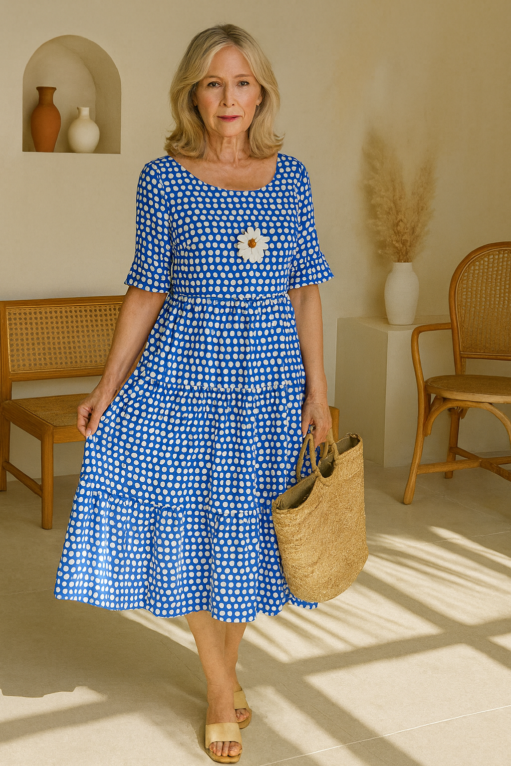Short Sleeve Midi Dress with Round Neck for Women