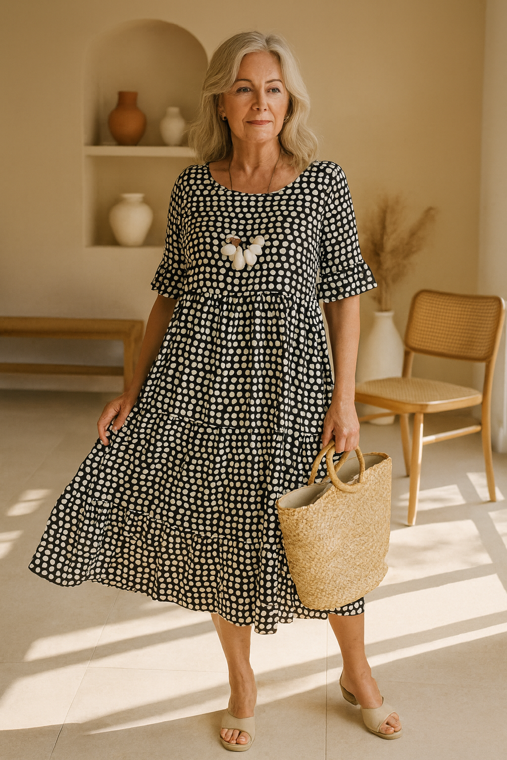 Short Sleeve Midi Dress with Round Neck for Women