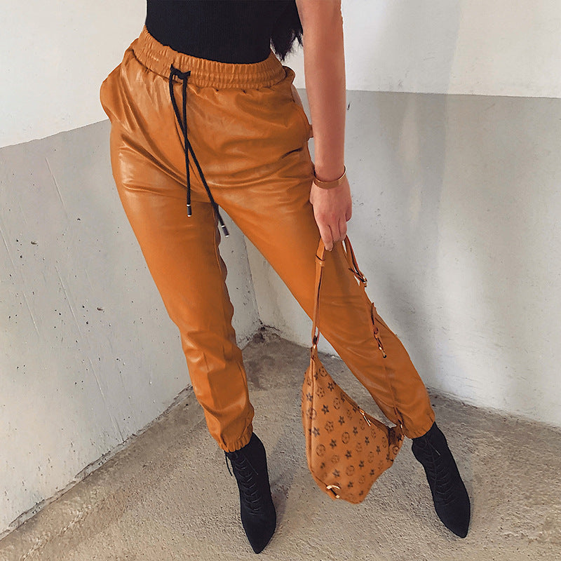 Elastic Waist Jogger Faux Leather Pants for Women