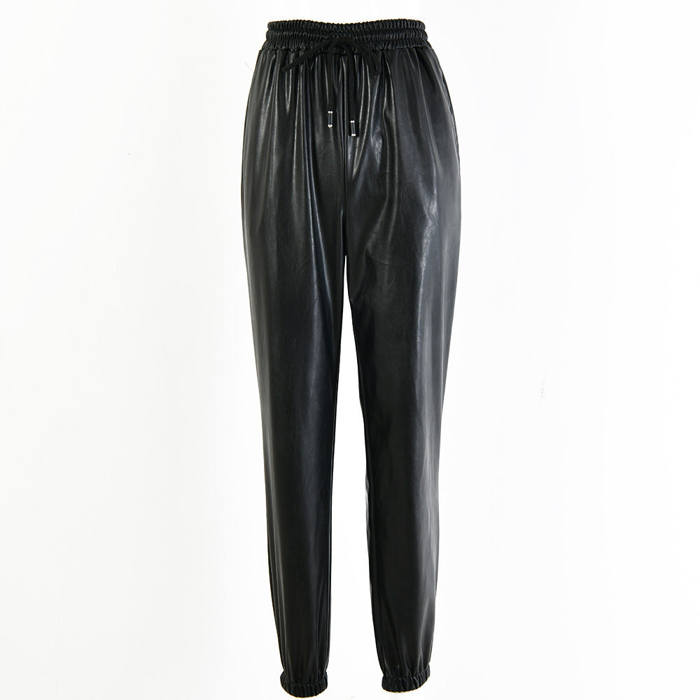 Elastic Waist Jogger Faux Leather Pants for Women
