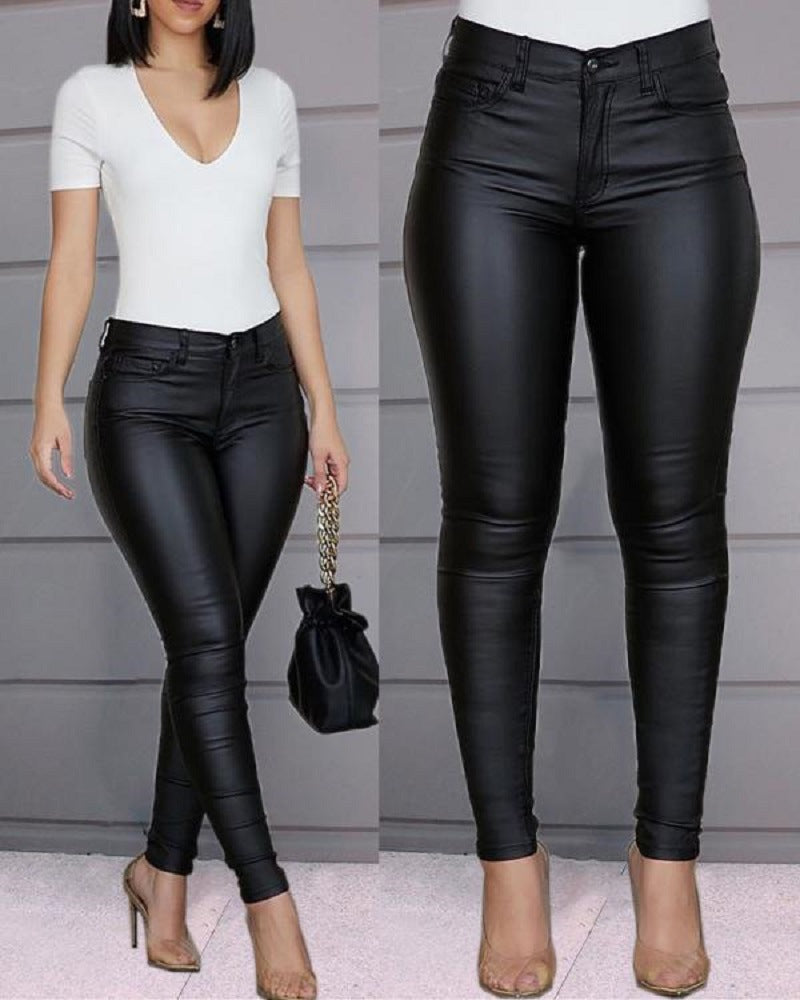 High-Waisted Slim Fit Faux Leather Pants for Women