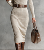 Fitted Midi Dress with Long Sleeves and V-Neck in Ribbed Knit