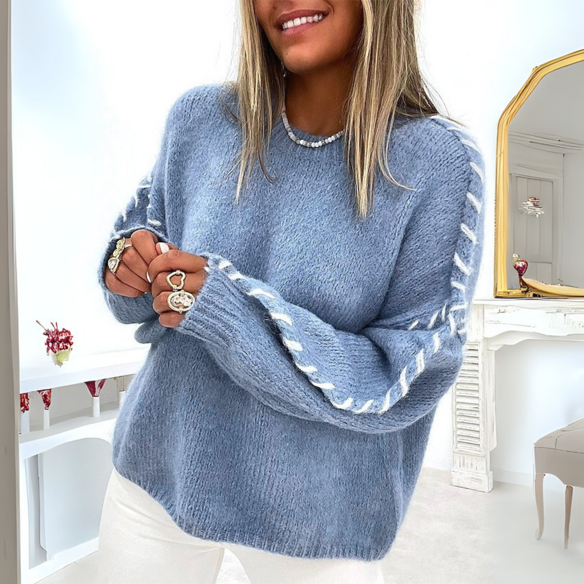 Solid Long Sleeve Sweater with Round Neck and Loose Fit for Women