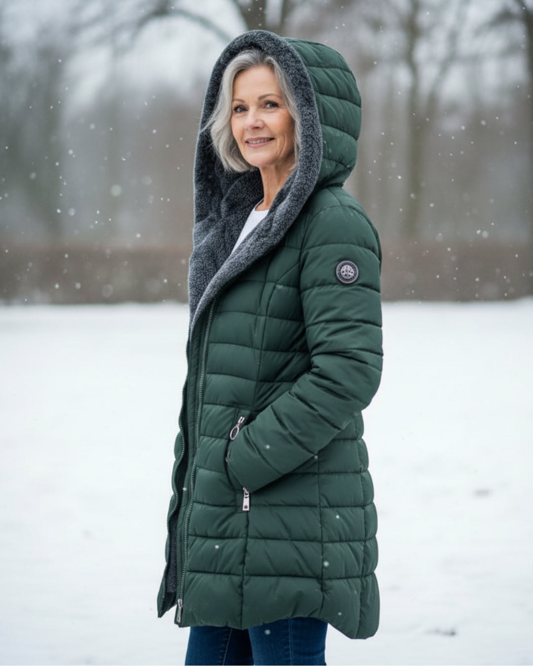 Long Quilted Fitted Down Jacket with Faux Fur Hood