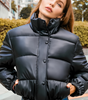 Short Faux Leather Puffer Jacket with Loose Fit and Stand-Up Collar for Women