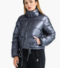 Short Fitted Shiny Puffer Jacket with Stand-Up Collar for Women