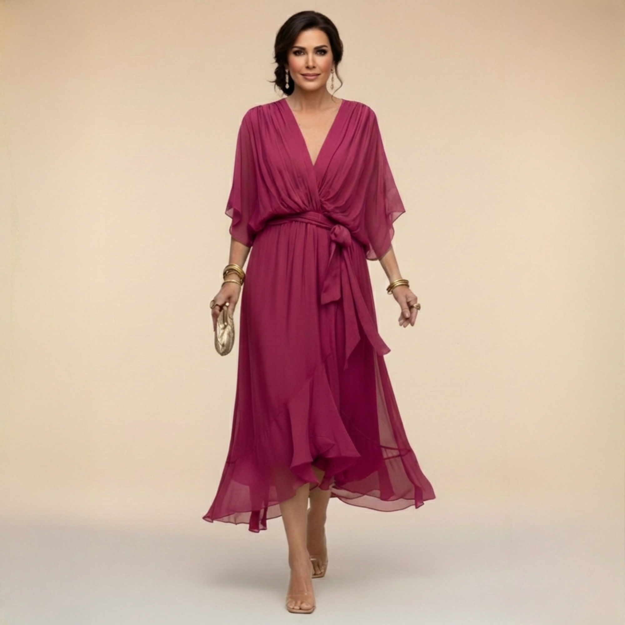 Long Chiffon Dress with Batwing Sleeves for Women