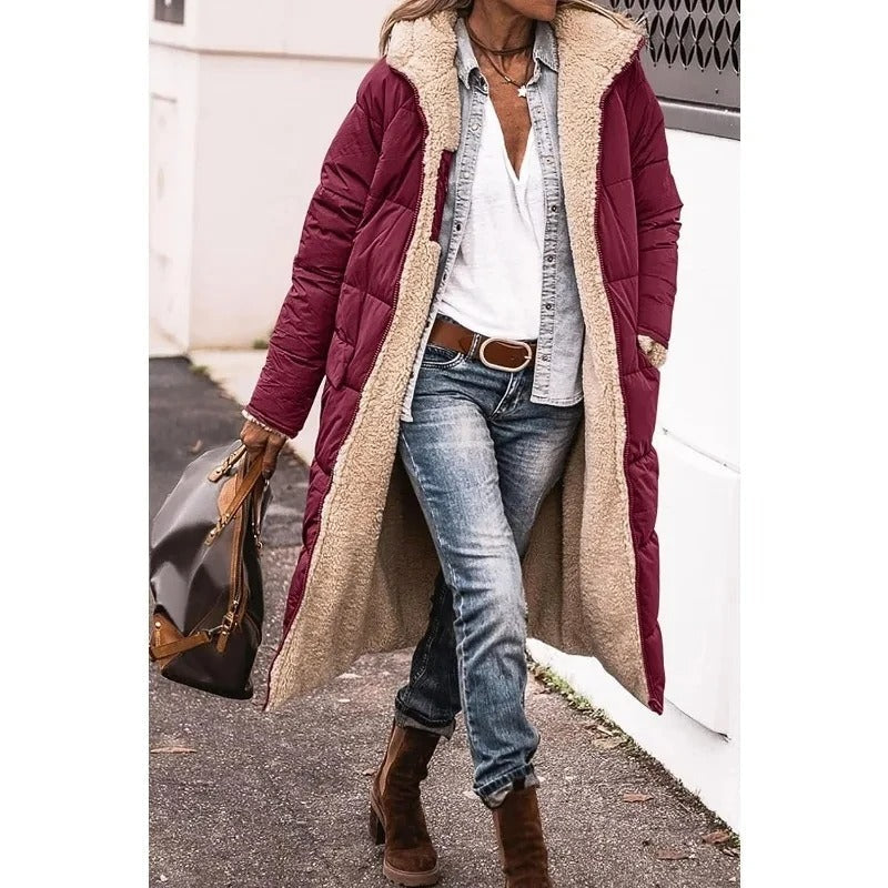 Long Hooded Down Jacket with Sherpa Lining for Women