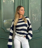 Striped Chunky Knit Long Sleeve Round Neck Sweater for Women