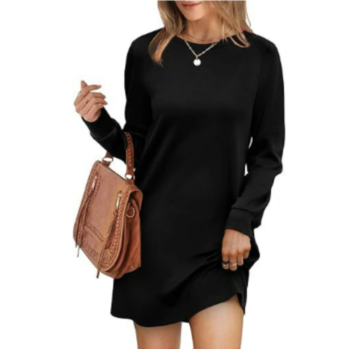 Short Loose Fit Sweater Dress with Long Sleeves and Round Neck for Women