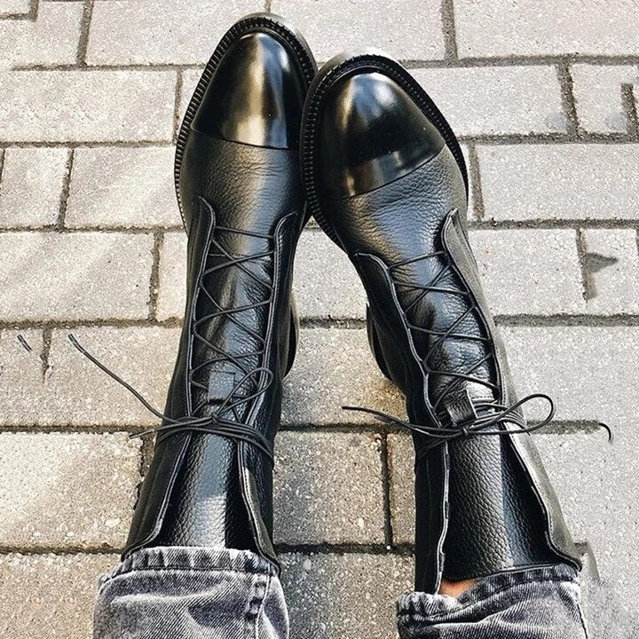 Mid-Calf Lace-Up Boot with Faux Leather Heel for Women