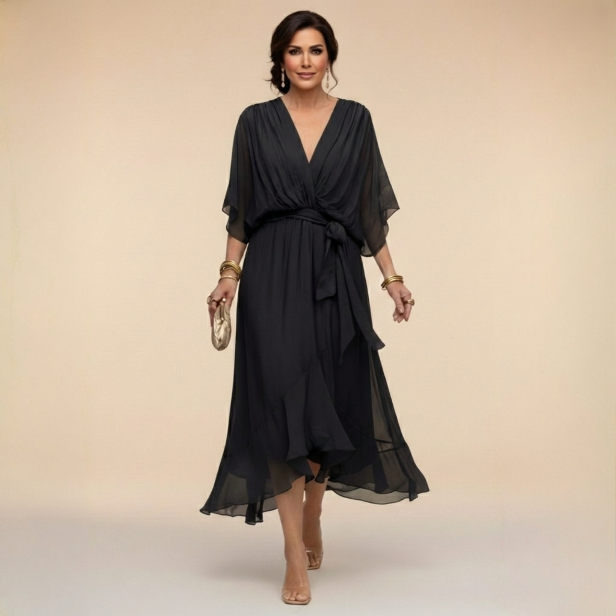 Long Chiffon Dress with Batwing Sleeves for Women