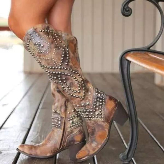 Thick-Heeled Studded Cowboy Boots for Women