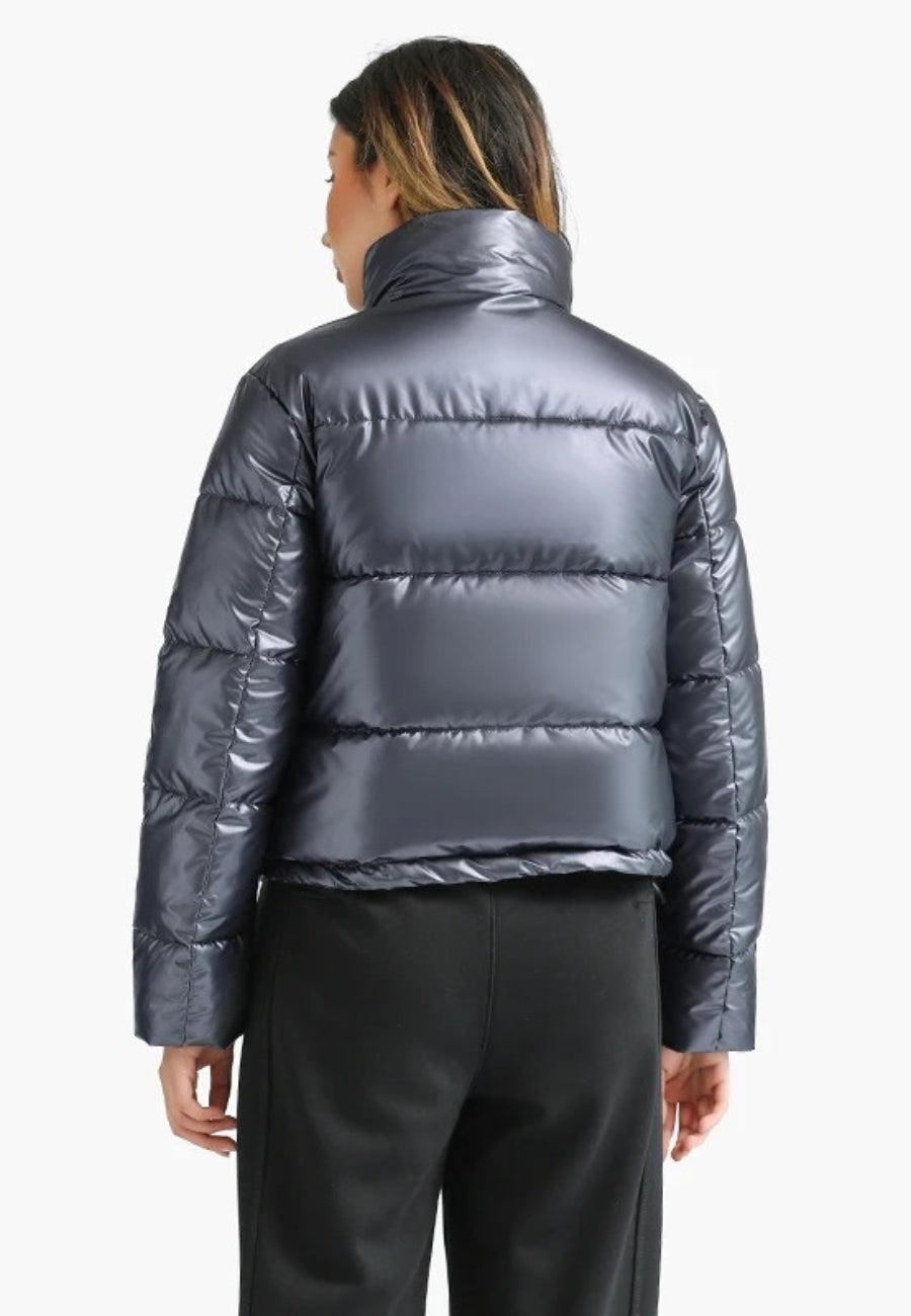 Short Fitted Shiny Puffer Jacket with Stand-Up Collar for Women