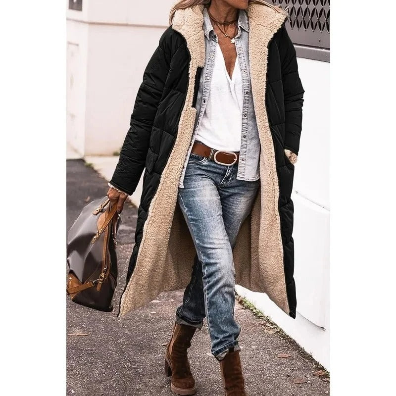 Long Hooded Down Jacket with Sherpa Lining for Women