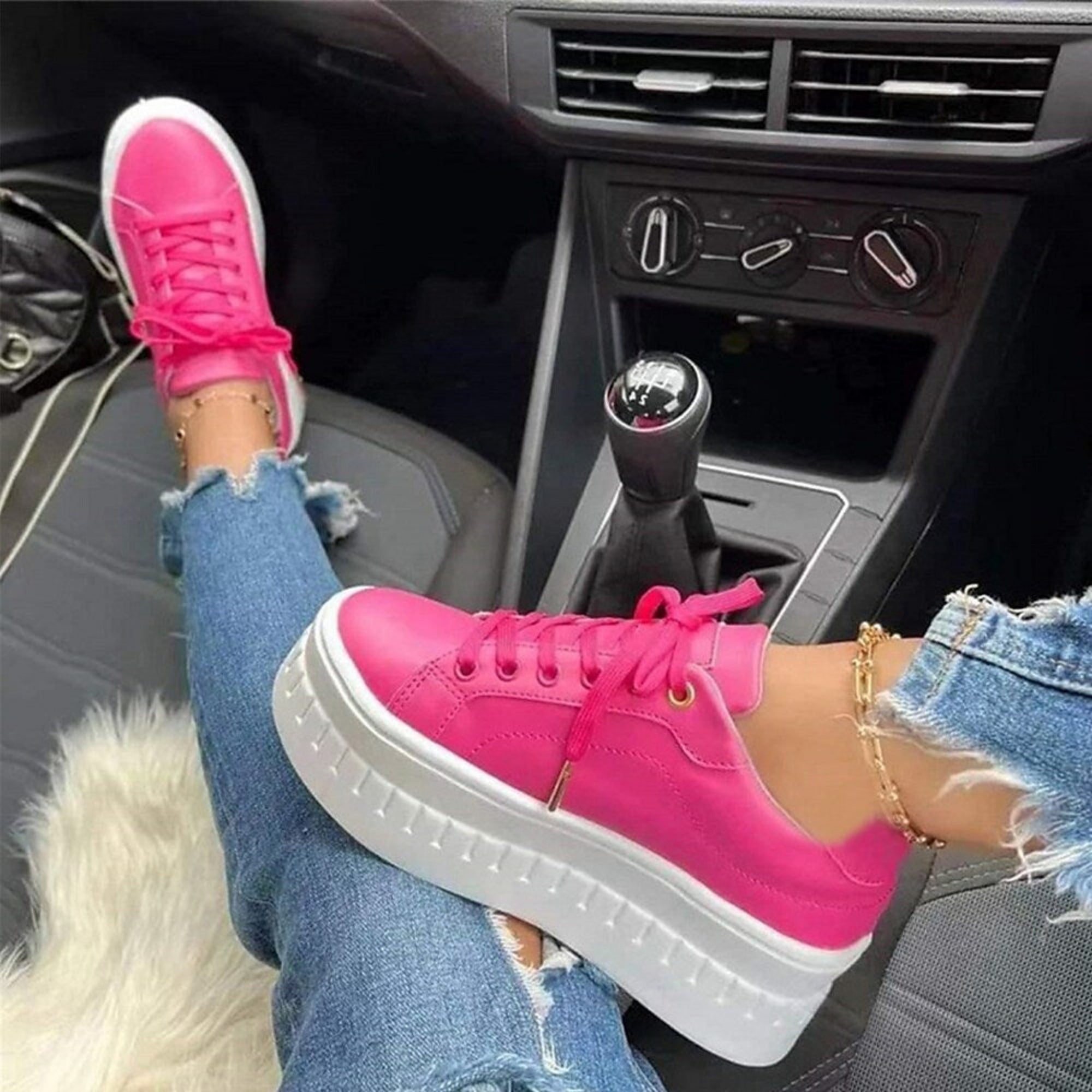 Platform Sneakers with Thick Sole in Faux Leather for Women