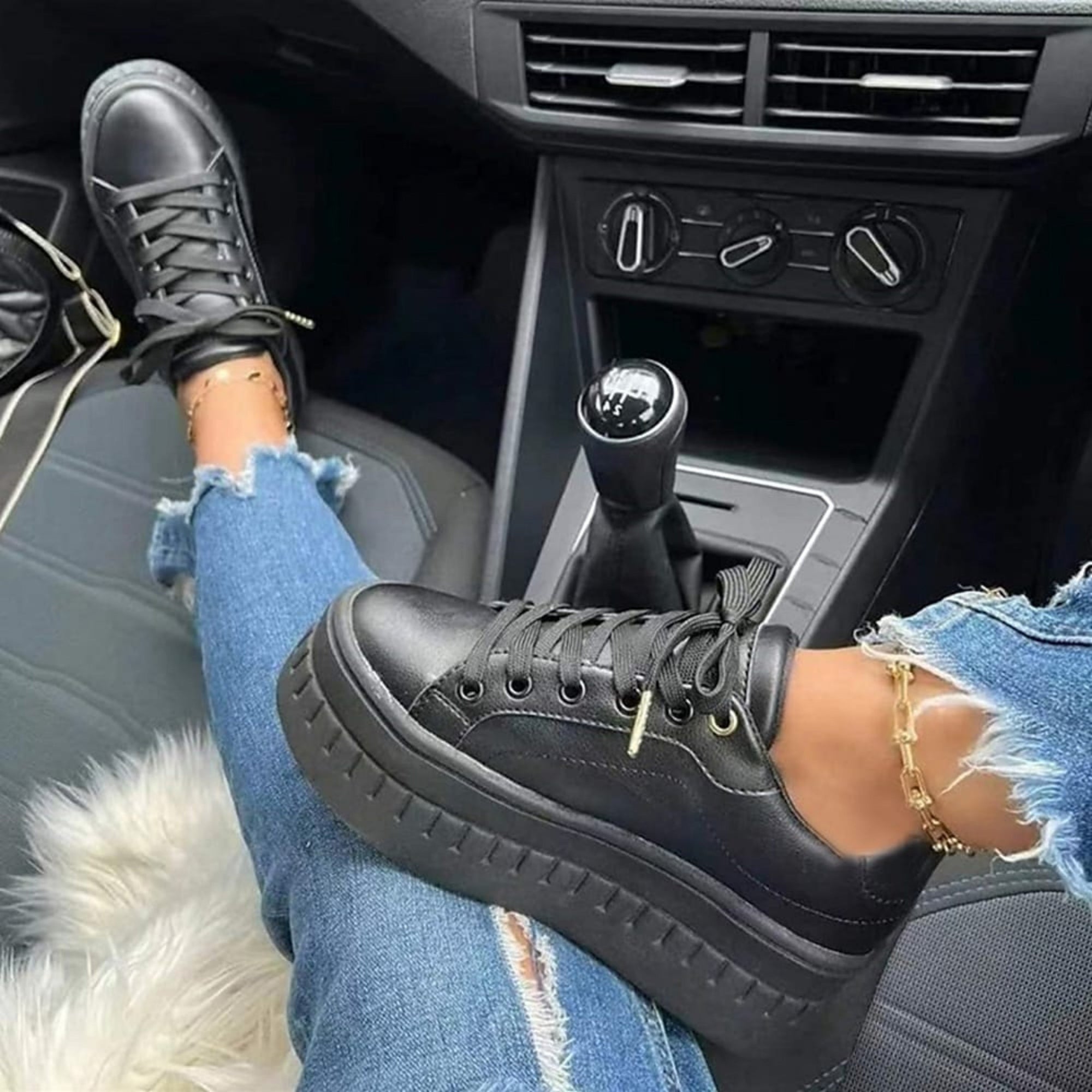 Platform Sneakers with Thick Sole in Faux Leather for Women