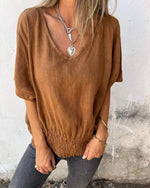 Casual Mixed Ramie V-Neck Top for Women | Ideal for Summer