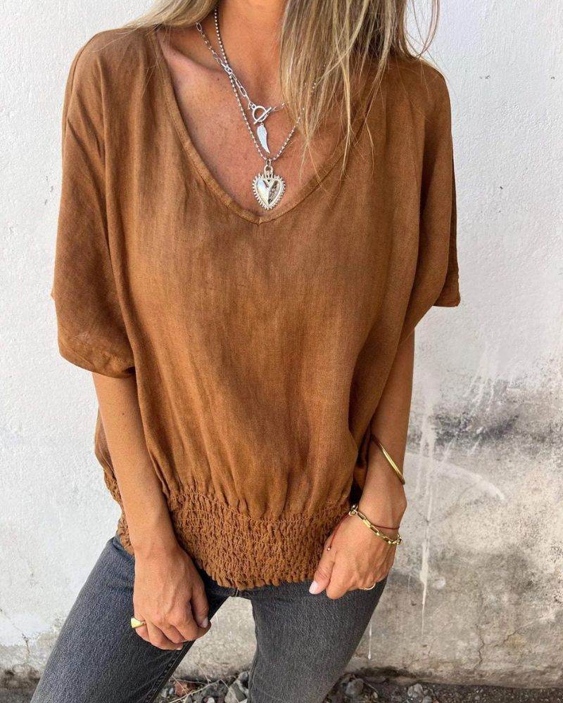 Casual Mixed Ramie V-Neck Top for Women | Ideal for Summer