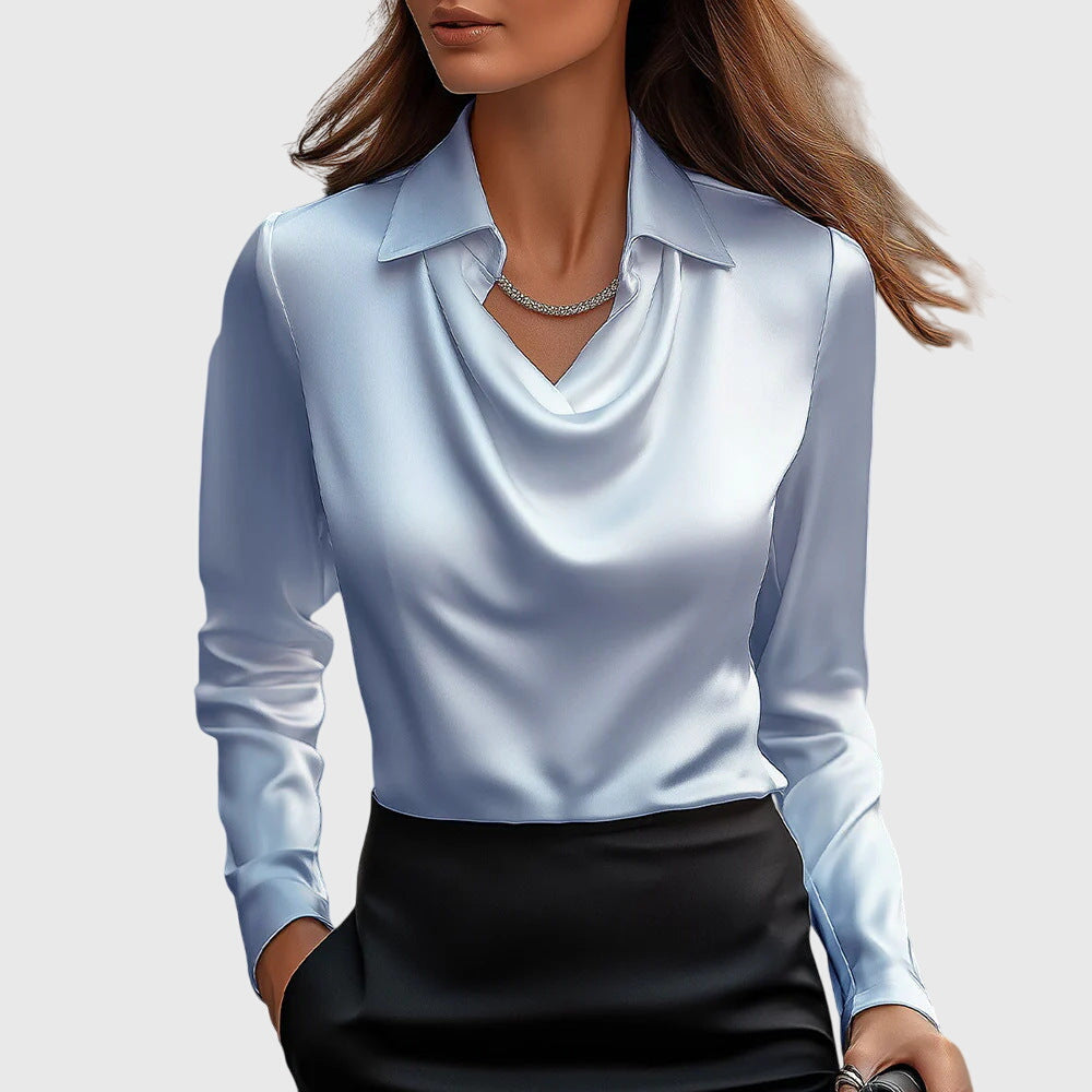 Classic Collar Satin Blouse with Draped Neckline for Women | Ideal for the Office