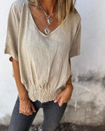 Casual Mixed Ramie V-Neck Top for Women | Ideal for Summer