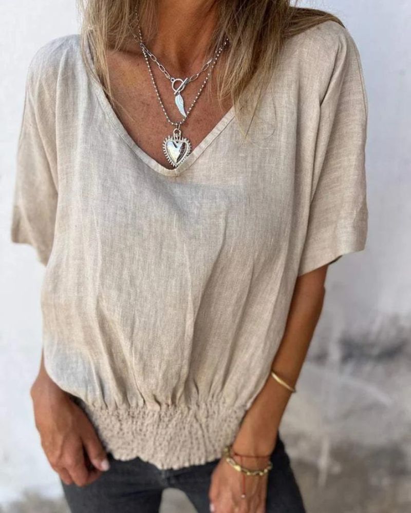 Casual Mixed Ramie V-Neck Top for Women | Ideal for Summer