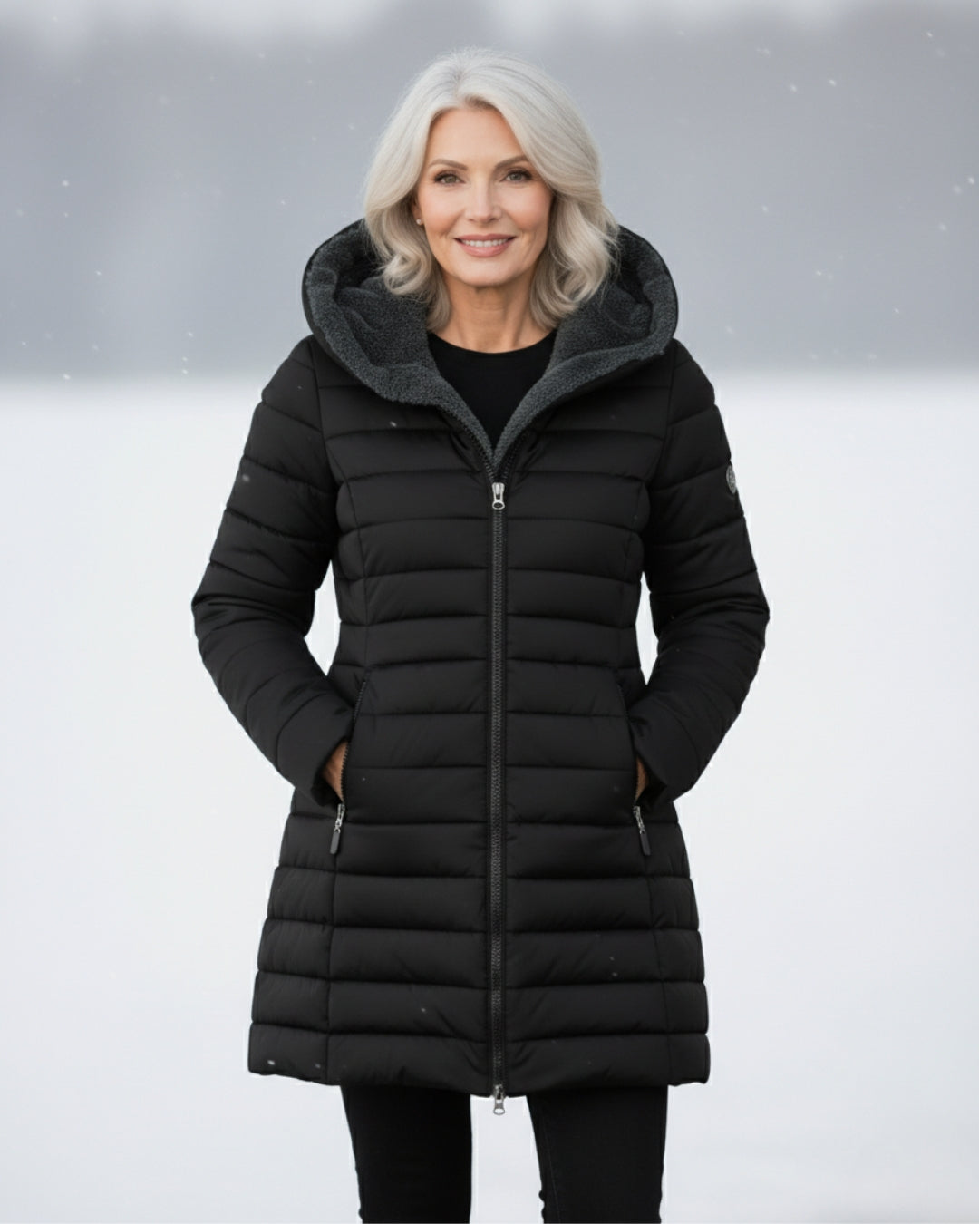 Long Quilted Fitted Down Jacket with Faux Fur Hood