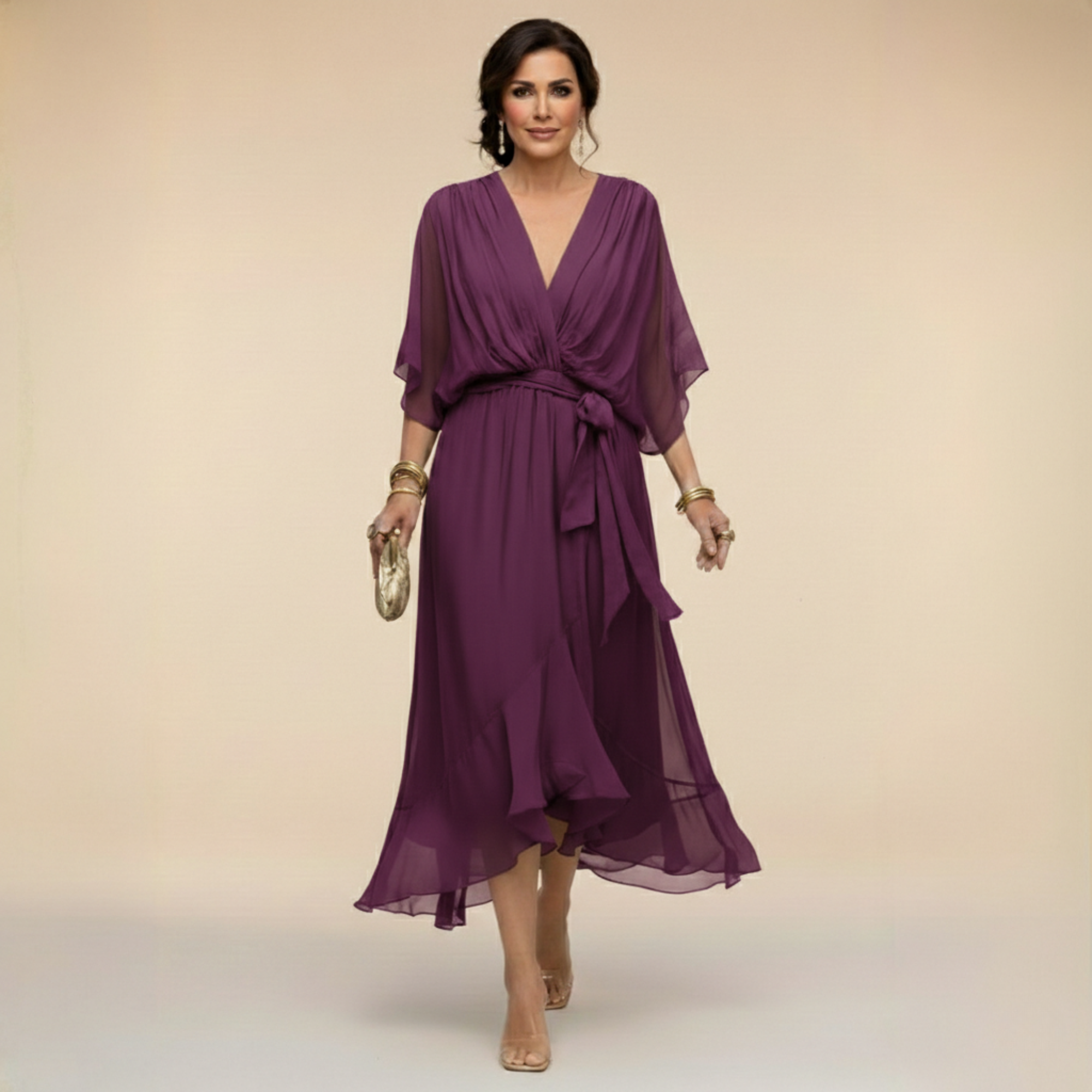 Long Chiffon Dress with Batwing Sleeves for Women
