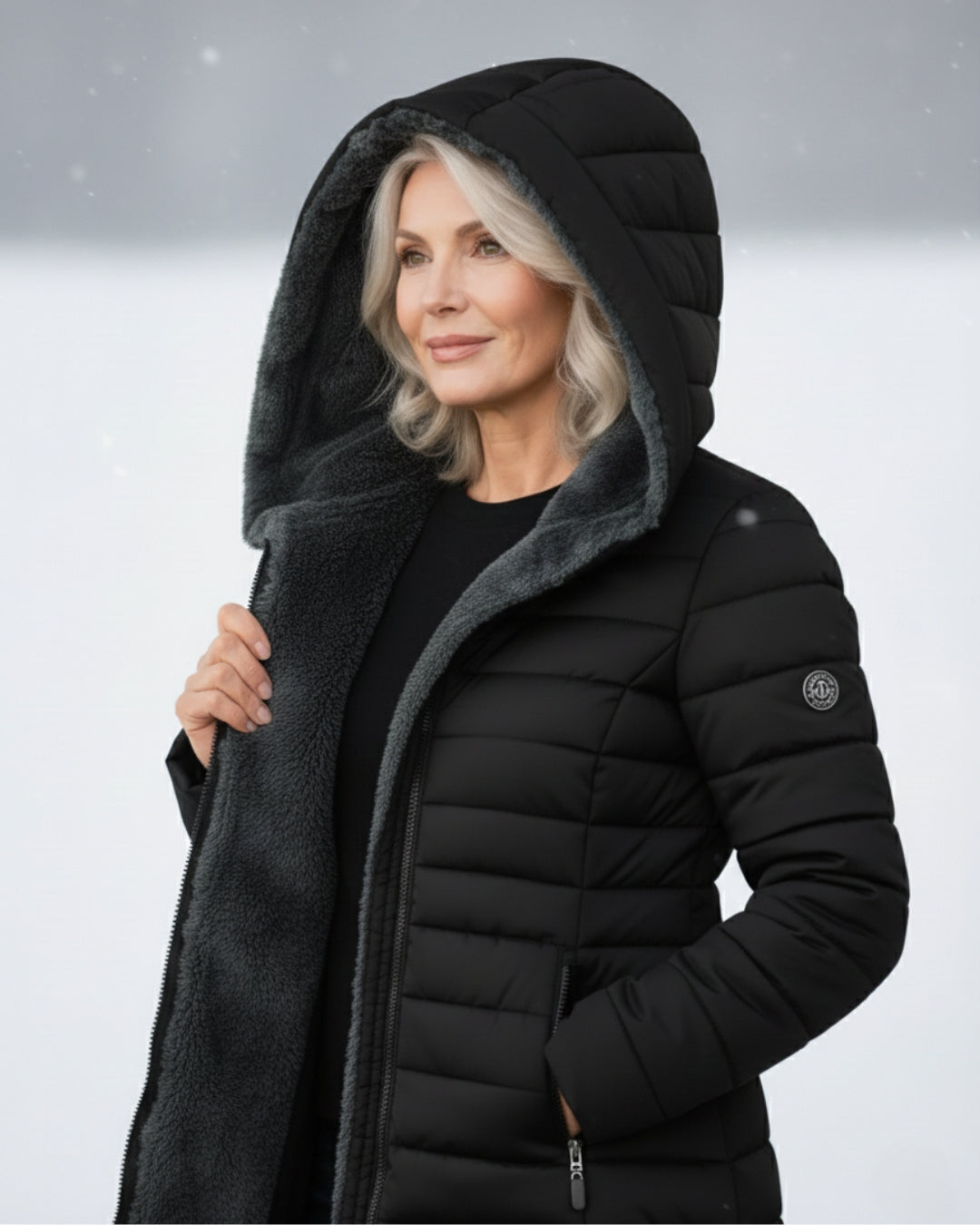 Long Quilted Fitted Down Jacket with Faux Fur Hood